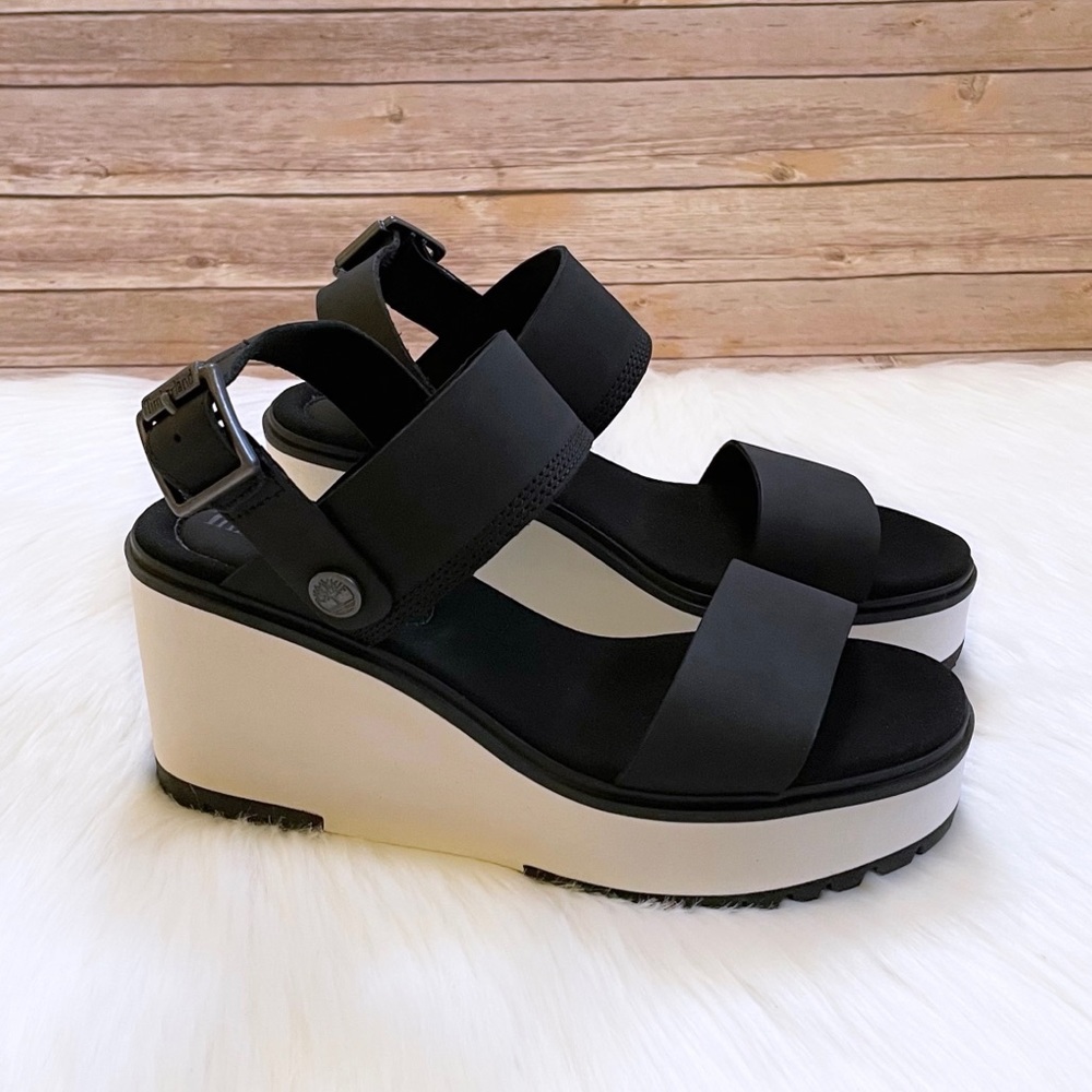 Timberland Women’s Koralyn Wedge 2 Band Black Nubuck Leather Sandals - Picture 3 of 10